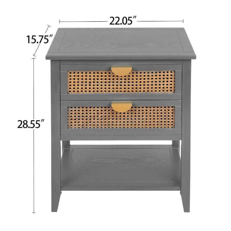 2-Drawer Rattan Nightstand Side Table with Open Shelf, Gray