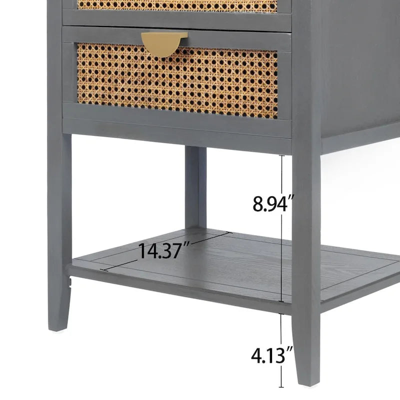 2-Drawer Rattan Nightstand Side Table with Open Shelf, Gray