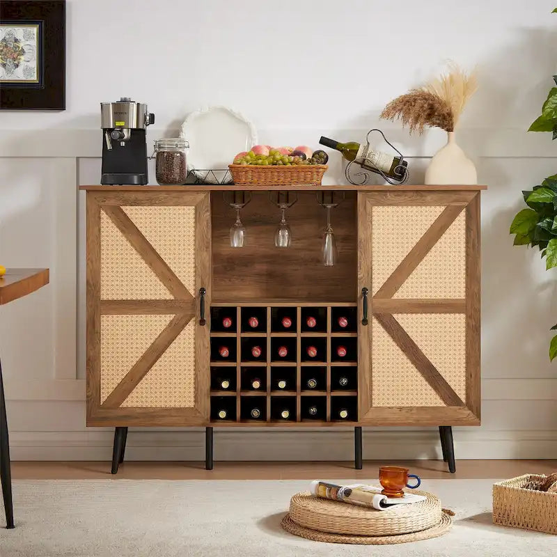 Farmhouse Rattan Barn Door Wine Cabinet with Glass Rack and Wine Storage