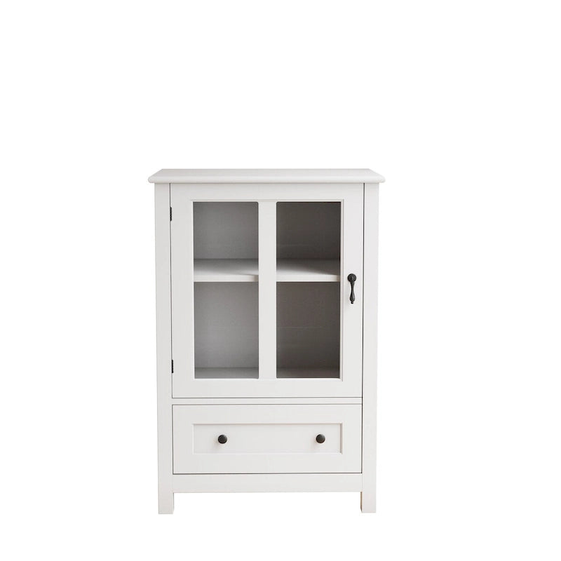 White Glass Door Storage Cabinet with Drawer and Bell Handle