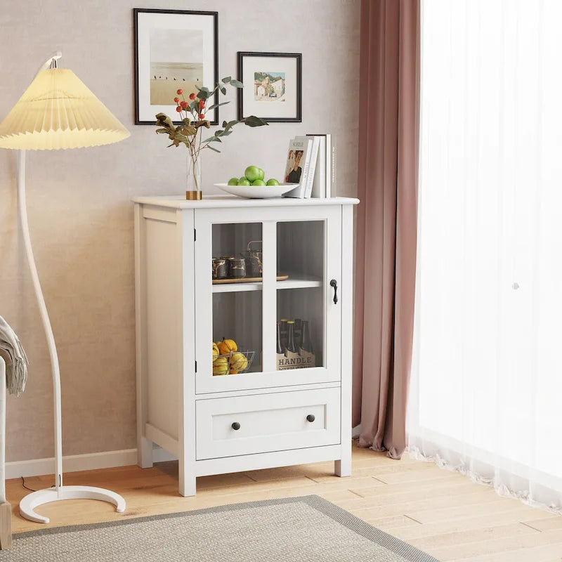 Meuble de rangement blanc à porte vitrée avec tiroir et poignée en forme de cloche