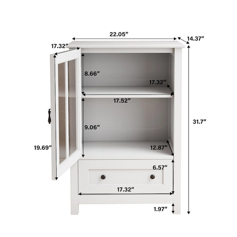 Meuble de rangement blanc à porte vitrée avec tiroir et poignée en forme de cloche