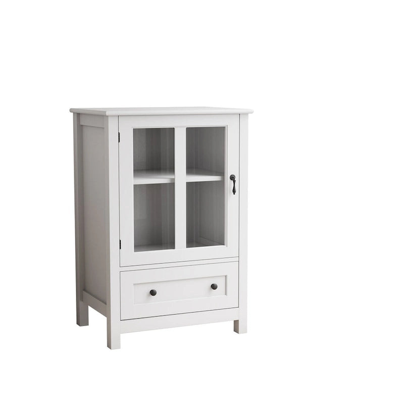 Meuble de rangement blanc à porte vitrée avec tiroir et poignée en forme de cloche