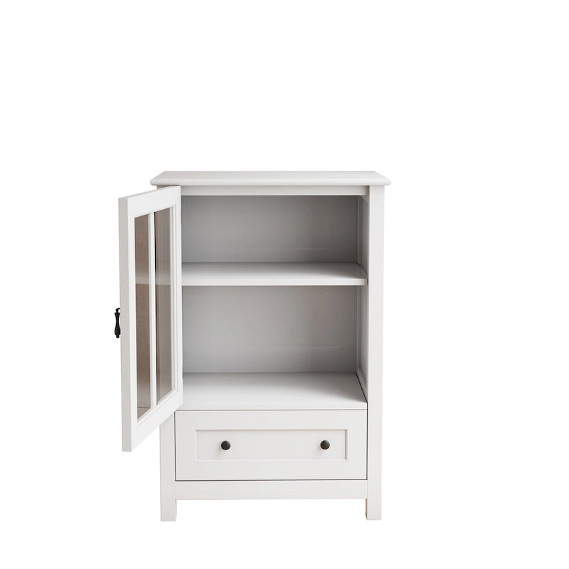 Meuble de rangement blanc à porte vitrée avec tiroir et poignée en forme de cloche