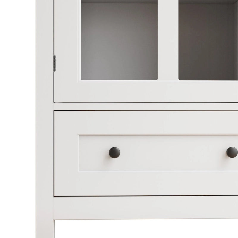 Meuble de rangement blanc à porte vitrée avec tiroir et poignée en forme de cloche