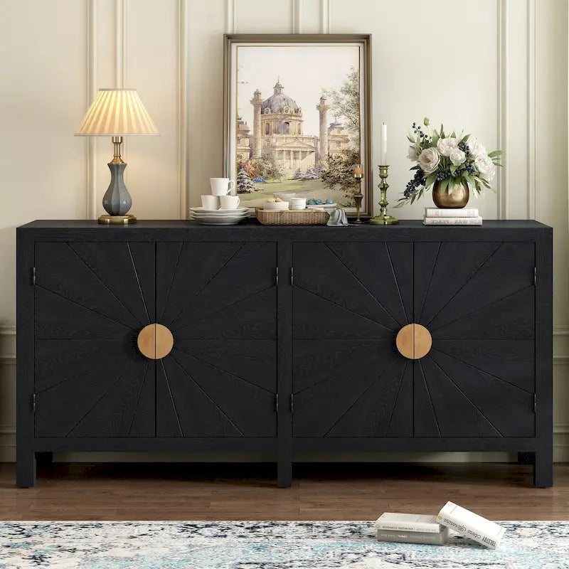 4-Door Ash Veneer Sideboard with Radiating Line Pattern in Black or Navy Blue