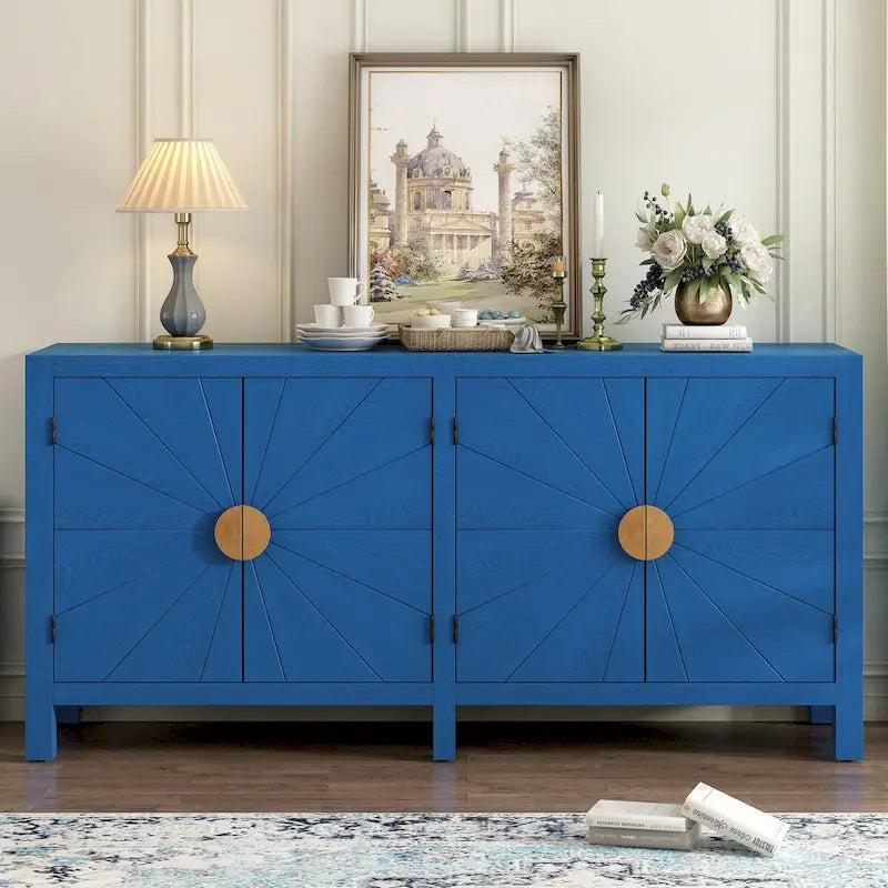 4-Door Ash Veneer Sideboard with Radiating Line Pattern in Black or Navy Blue