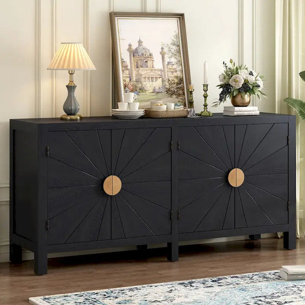 Sideboard mit 4 Türen aus Eschenfurnier und strahlenförmigem Linienmuster in Schwarz oder Marineblau