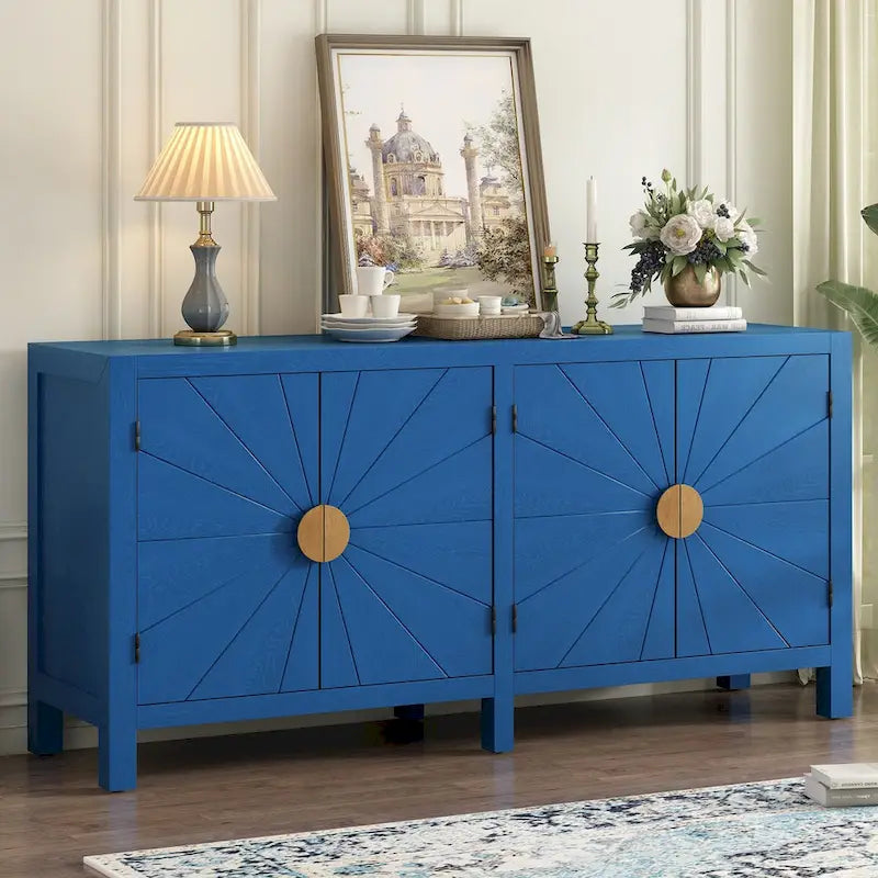 4-Door Ash Veneer Sideboard with Radiating Line Pattern in Black or Navy Blue