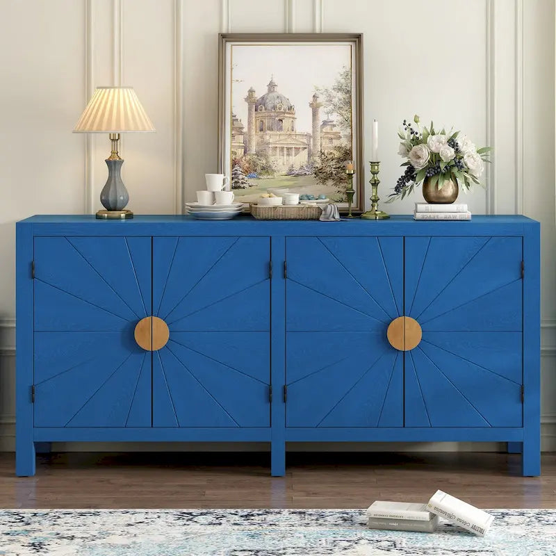 4-Door Ash Veneer Sideboard with Radiating Line Pattern in Black or Navy Blue