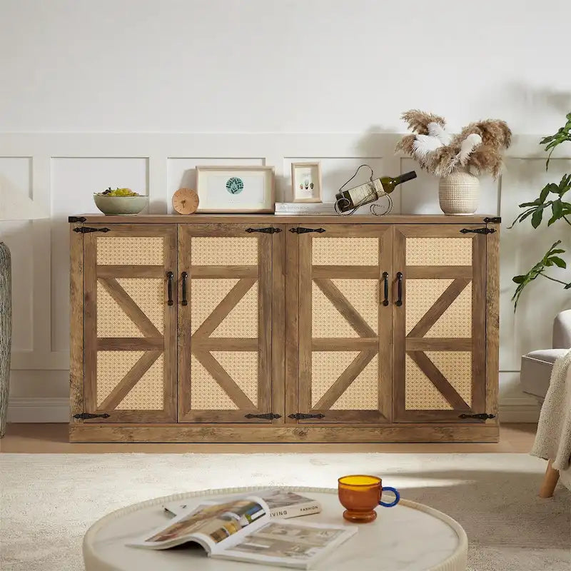 65-Inch Rustic Oak Faux Rattan Sideboard with Barn Doors, Oak