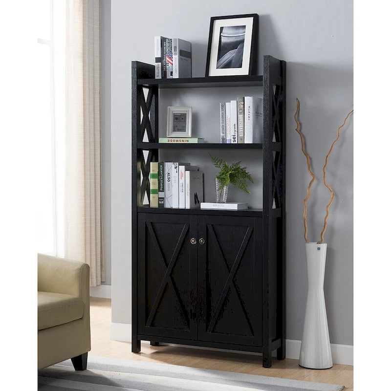 Black Crosshatch Wood Bookcase with Open Shelves and Double Door Cabinet