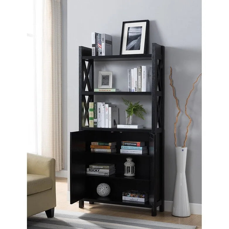 Black Crosshatch Wood Bookcase with Open Shelves and Double Door Cabinet