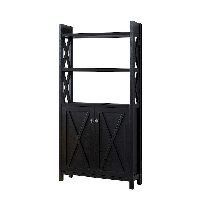 Black Crosshatch Wood Bookcase with Open Shelves and Double Door Cabinet