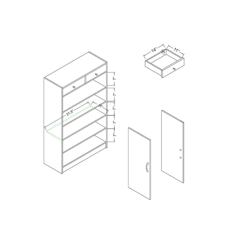 Meuble à chaussures à deux portes avec double tiroir et cinq étagères, gris vieilli