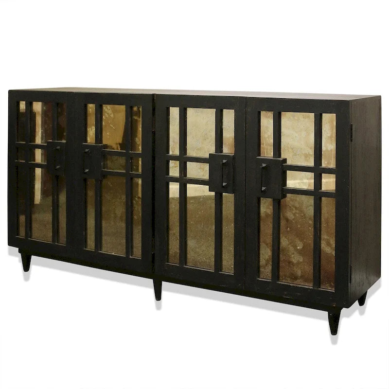 Mango Wood Sideboard Four Antique Mirrored Doors Dark Black Finish