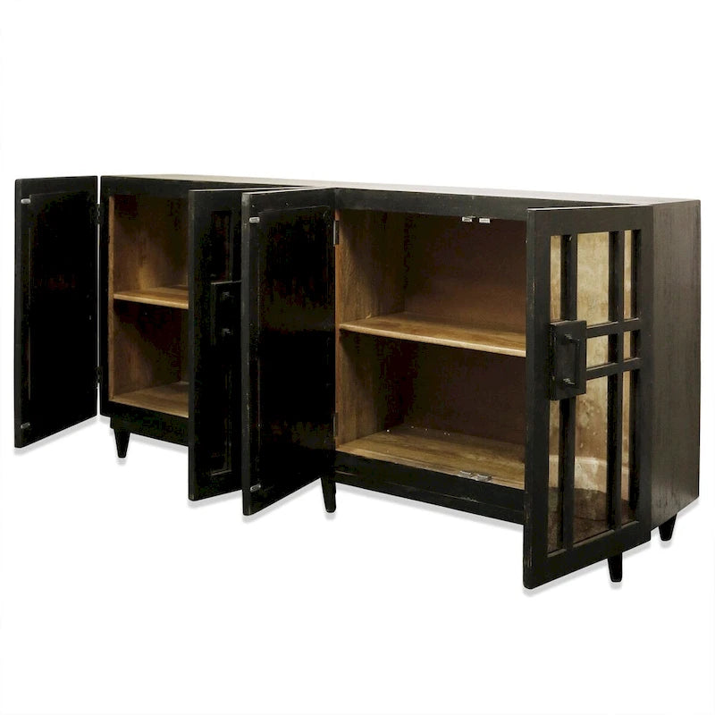 Mango Wood Sideboard Four Antique Mirrored Doors Dark Black Finish