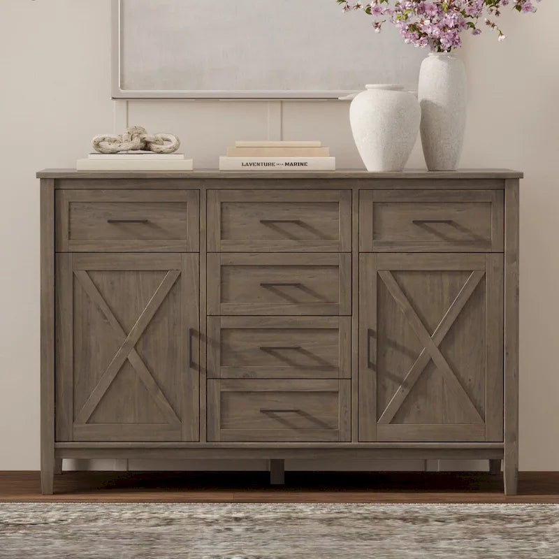 54 inch Wide Solid Wood Transitional Sideboard Buffet with 6 Drawers in Smoky Brown