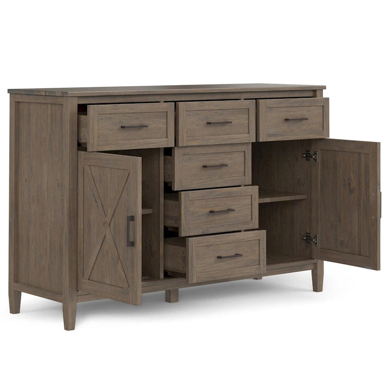 54 inch Wide Solid Wood Transitional Sideboard Buffet with 6 Drawers in Smoky Brown