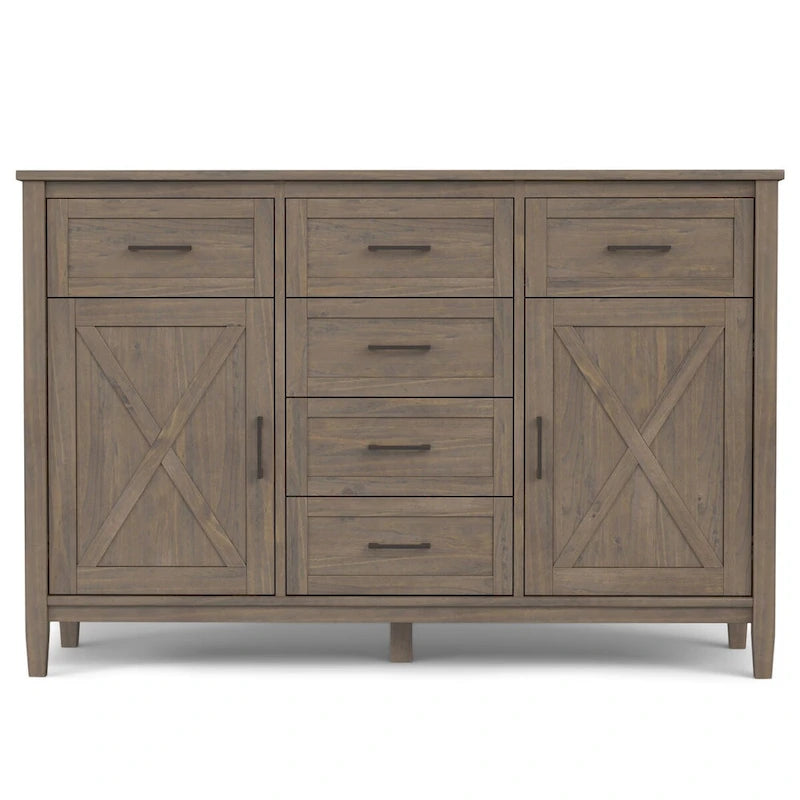 54 inch Wide Solid Wood Transitional Sideboard Buffet with 6 Drawers in Smoky Brown