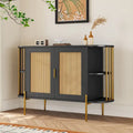 Gebogen dressoirkast met rotandeuren en goudkleurig metalen frame, zwart of wit