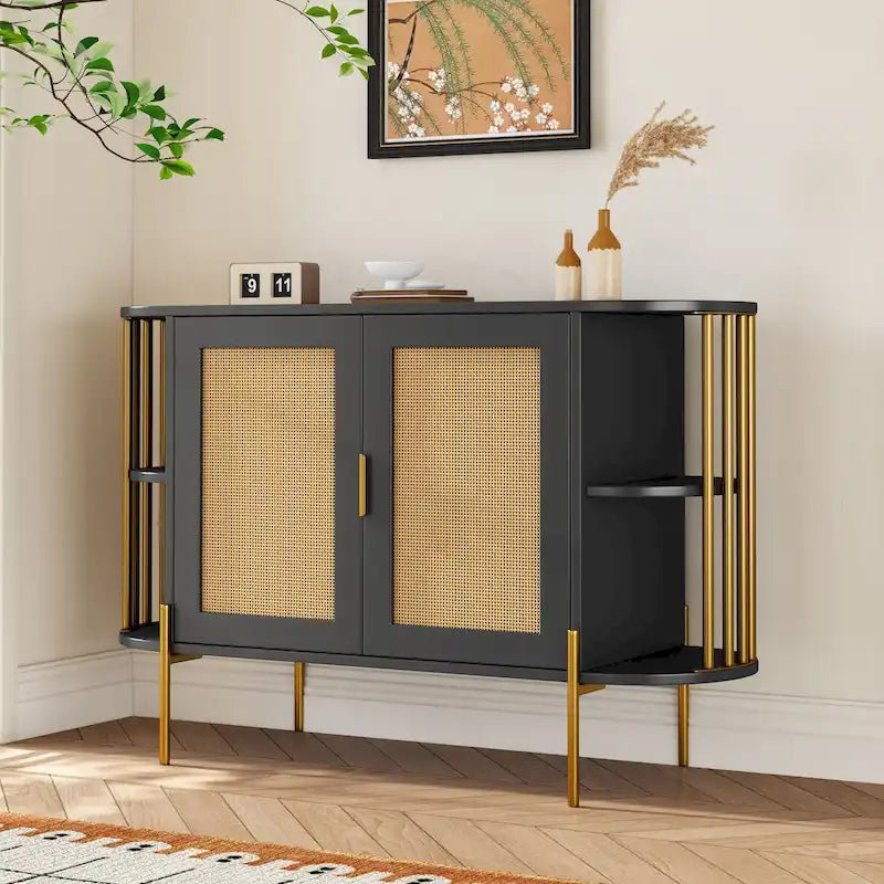 Curved Sideboard Cabinet with Rattan Doors and Gold Metal Frame, Black or White