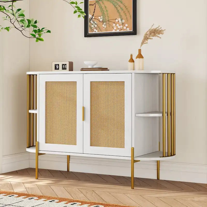 Curved Sideboard Cabinet with Rattan Doors and Gold Metal Frame, Black or White