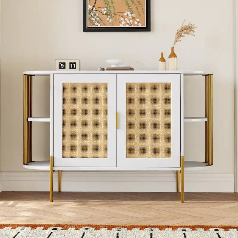 Curved Sideboard Cabinet with Rattan Doors and Gold Metal Frame, Black or White