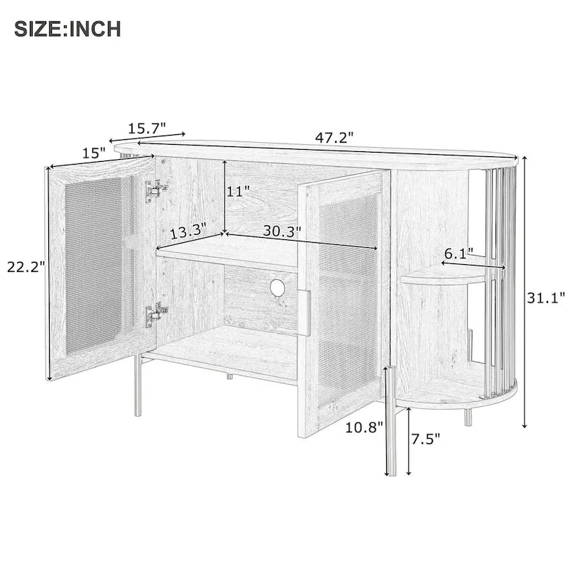 Gebogen dressoirkast met rotandeuren en goudkleurig metalen frame, zwart of wit