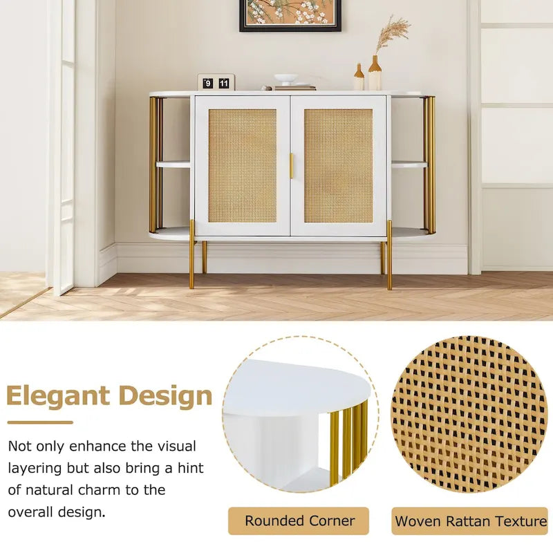 Curved Sideboard Cabinet with Rattan Doors and Gold Metal Frame, Black or White
