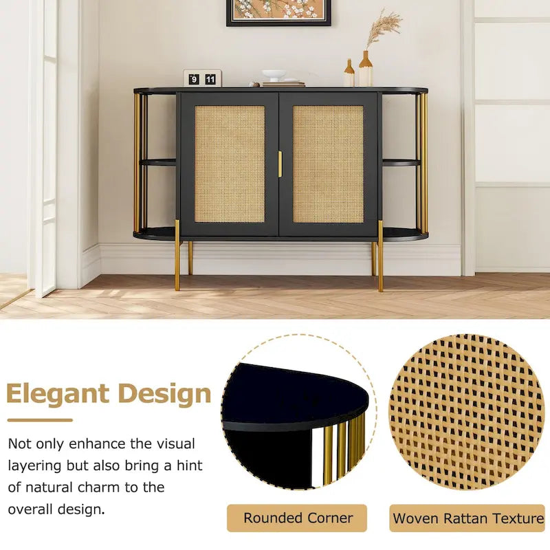 Gebogen dressoirkast met rotandeuren en goudkleurig metalen frame, zwart of wit