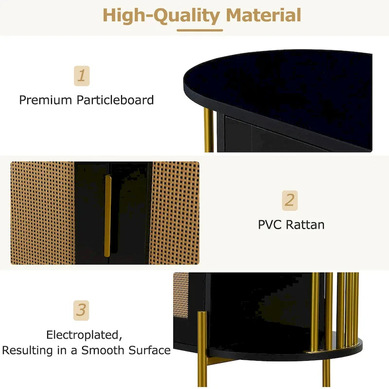 Gebogen dressoirkast met rotandeuren en goudkleurig metalen frame, zwart of wit