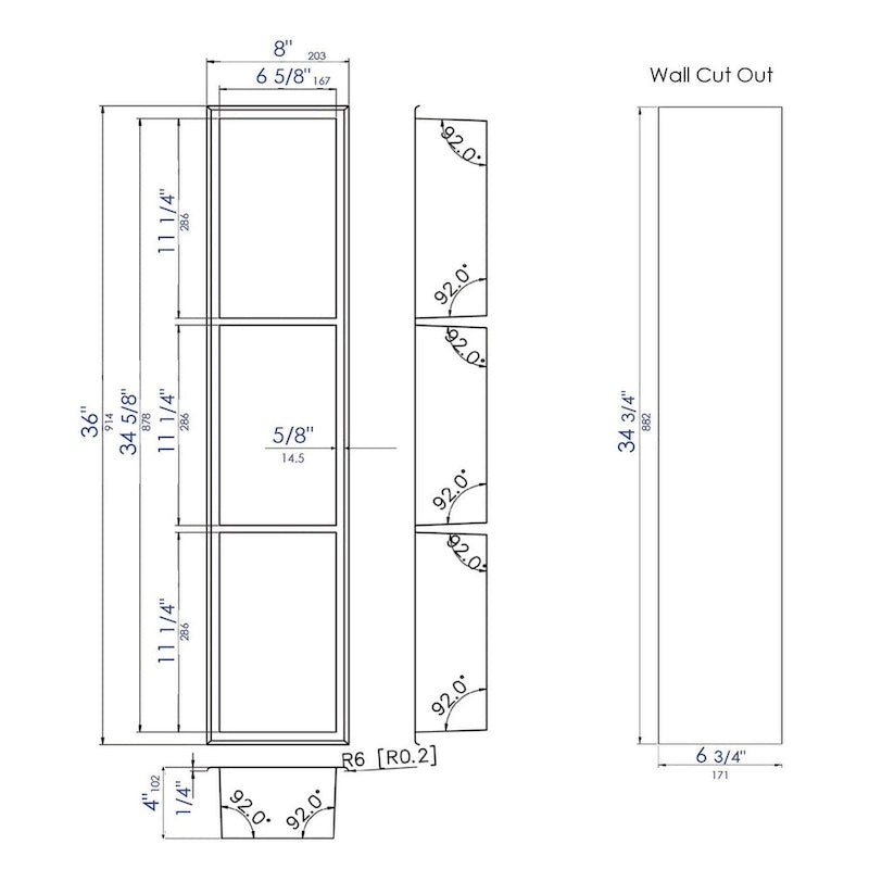 8 x 36 White Matte Stainless Steel Vertical Triple Shelf Recessed Shower Niche