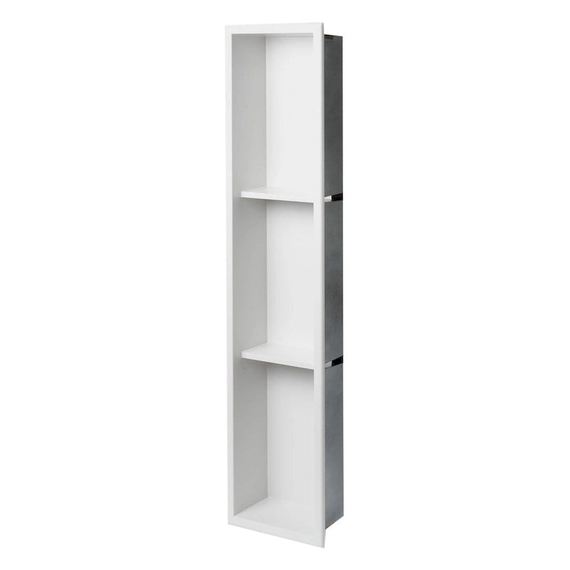 8 x 36 White Matte Stainless Steel Vertical Triple Shelf Recessed Shower Niche