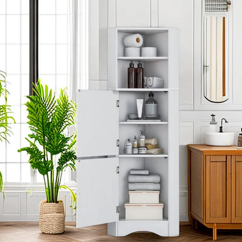Hoher weißer Eck-Badezimmerschrank, freistehender MDF-Stauraum mit verstellbaren Einlegeböden und Türen