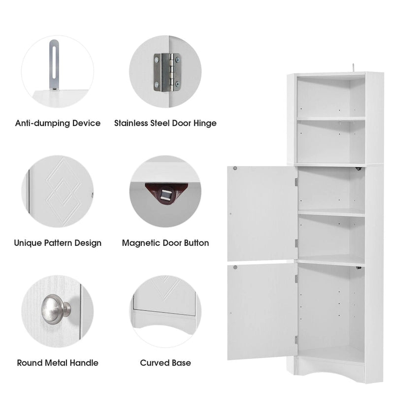 Hoher weißer Eck-Badezimmerschrank, freistehender MDF-Stauraum mit verstellbaren Einlegeböden und Türen
