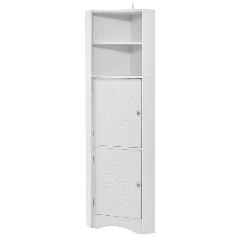 Hoher weißer Eck-Badezimmerschrank, freistehender MDF-Stauraum mit verstellbaren Einlegeböden und Türen