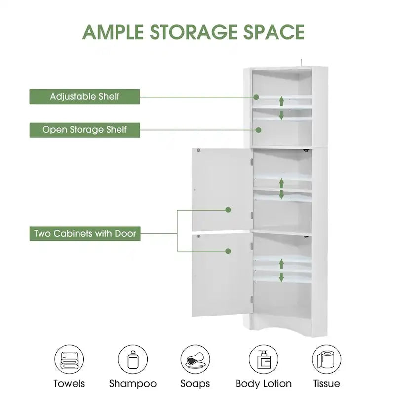 Hoher weißer Eck-Badezimmerschrank, freistehender MDF-Stauraum mit verstellbaren Einlegeböden und Türen