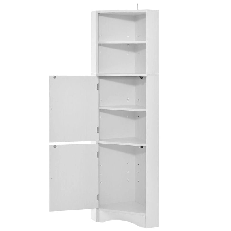 Hoher weißer Eck-Badezimmerschrank, freistehender MDF-Stauraum mit verstellbaren Einlegeböden und Türen