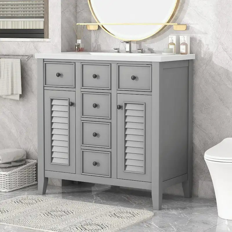 Meuble-lavabo de salle de bains en bois massif avec vasque en céramique, portes à persiennes, gris ou blanc