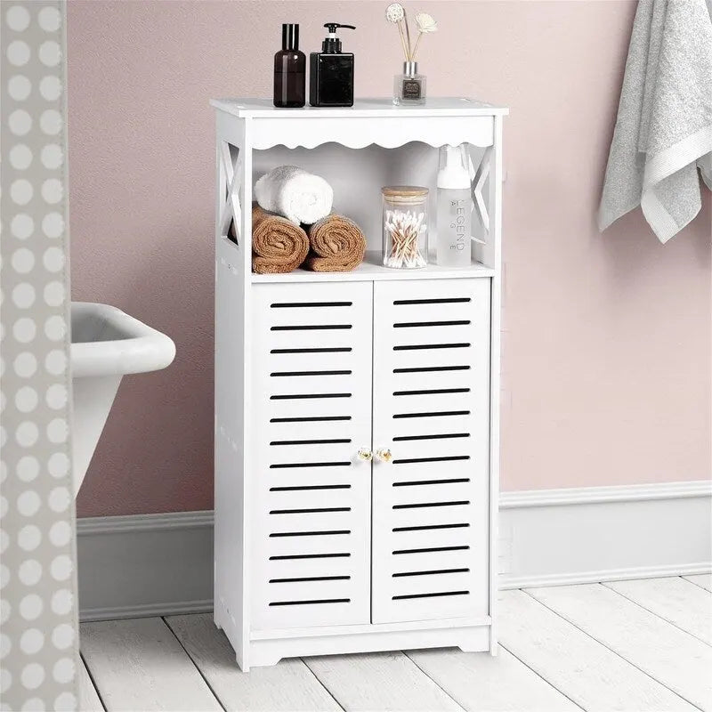 Meuble de rangement de salle de bains blanc à deux portes, sur pied, avec étagère ouverte