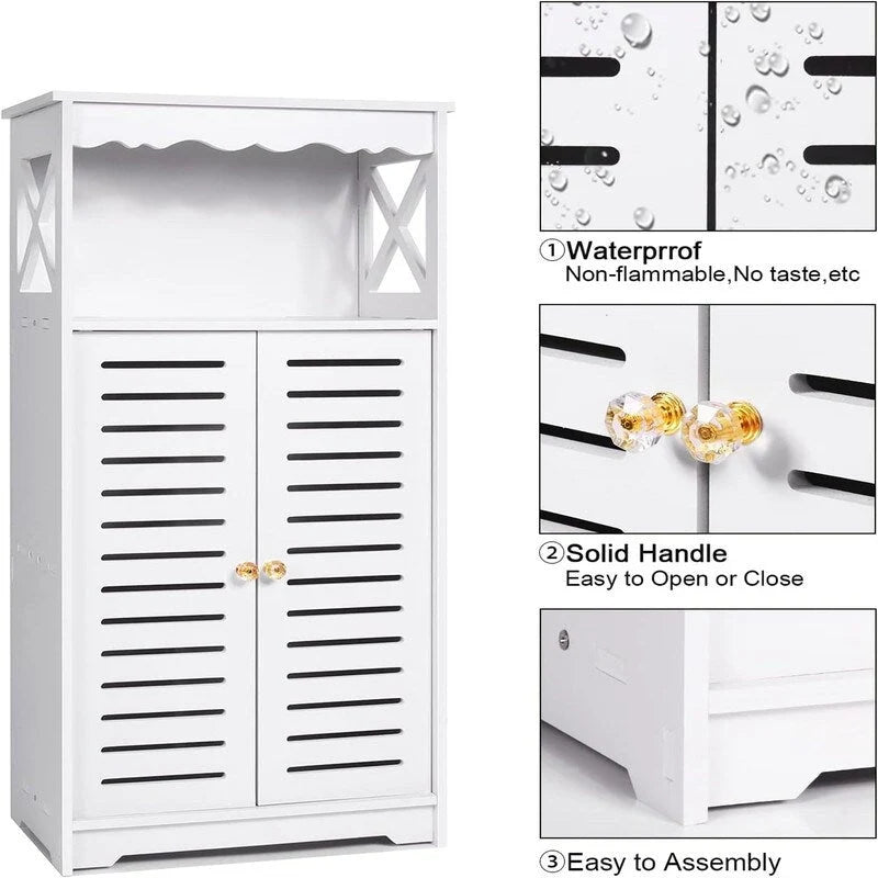 Meuble de rangement de salle de bains blanc à deux portes, sur pied, avec étagère ouverte