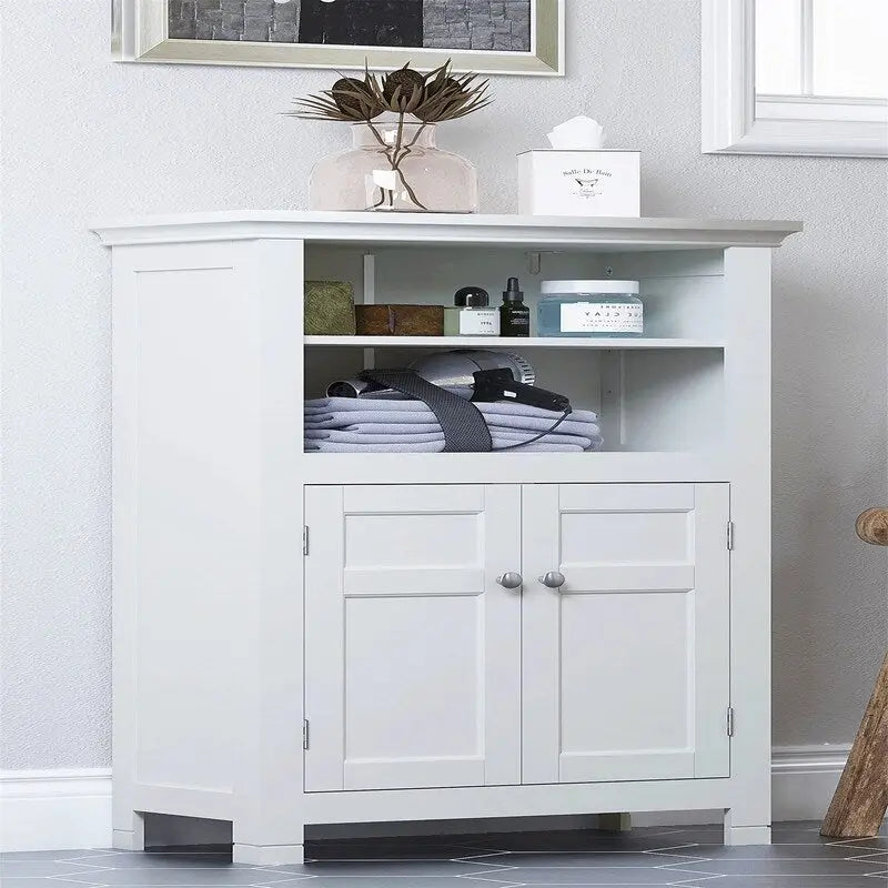 Freestanding Bathroom Storage Cabinet with Double Doors Open Shelves White Espresso