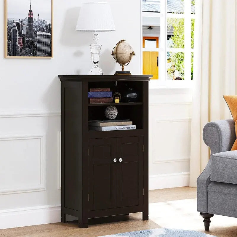 Freestanding Bathroom Storage Cabinet with Double Doors Open Shelves White Espresso