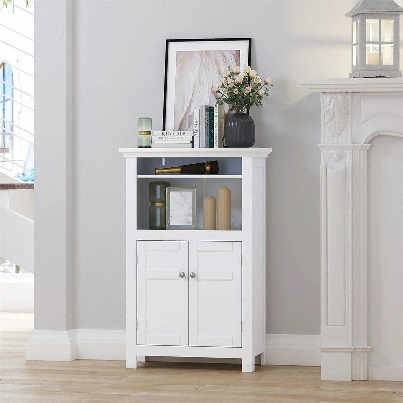 Freestanding Bathroom Storage Cabinet with Double Doors Open Shelves White Espresso