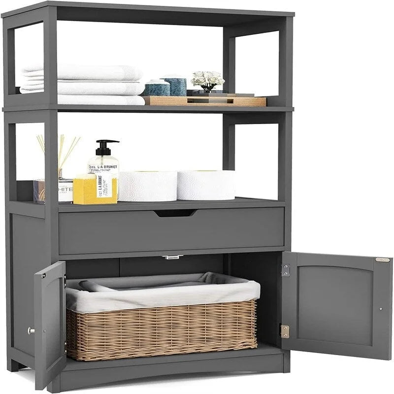 Freestanding Floor Storage Cabinet with 2 Open Shelves Drawer Double Doors Multi-Color