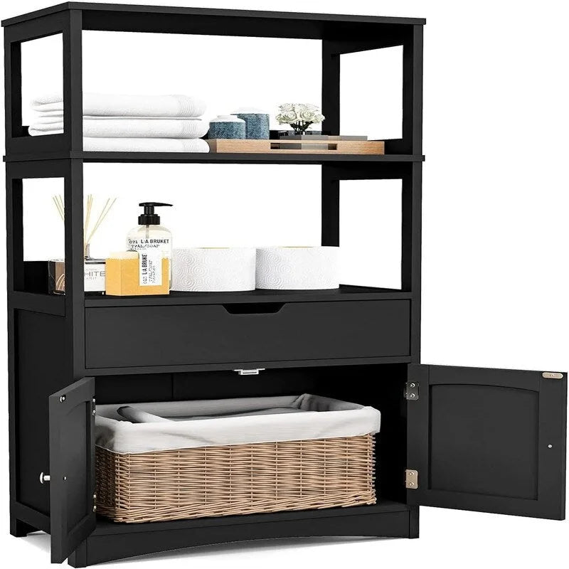 Freestanding Floor Storage Cabinet with 2 Open Shelves Drawer Double Doors Multi-Color