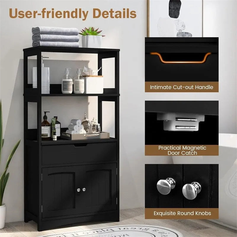 Freestanding Floor Storage Cabinet with 2 Open Shelves Drawer Double Doors Multi-Color