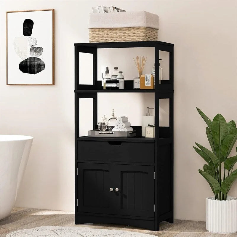 Freestanding Floor Storage Cabinet with 2 Open Shelves Drawer Double Doors Multi-Color