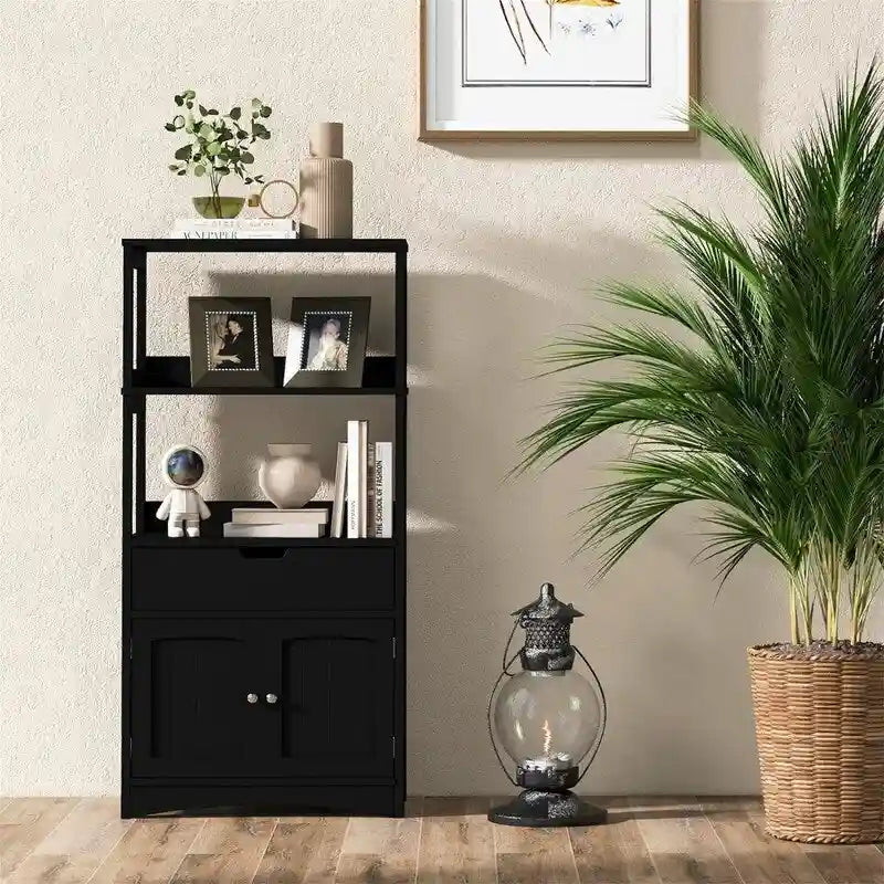 Freestanding Floor Storage Cabinet with 2 Open Shelves Drawer Double Doors Multi-Color
